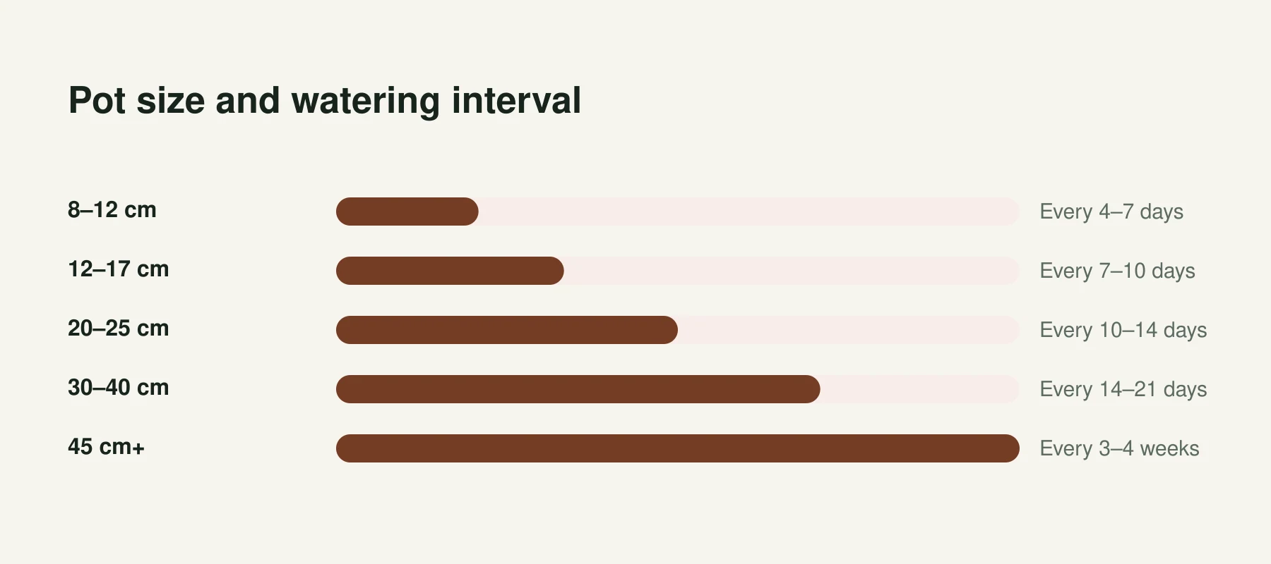 Infographic: Pot size and watering interval. 8–12 cm, Every 4–7 days. 12–17 cm, Every 7–10 days. 20–25 cm, Every 10–14 days. 30–40 cm, Every 14–21 days. 45 cm+, Every 3–4 weeks.