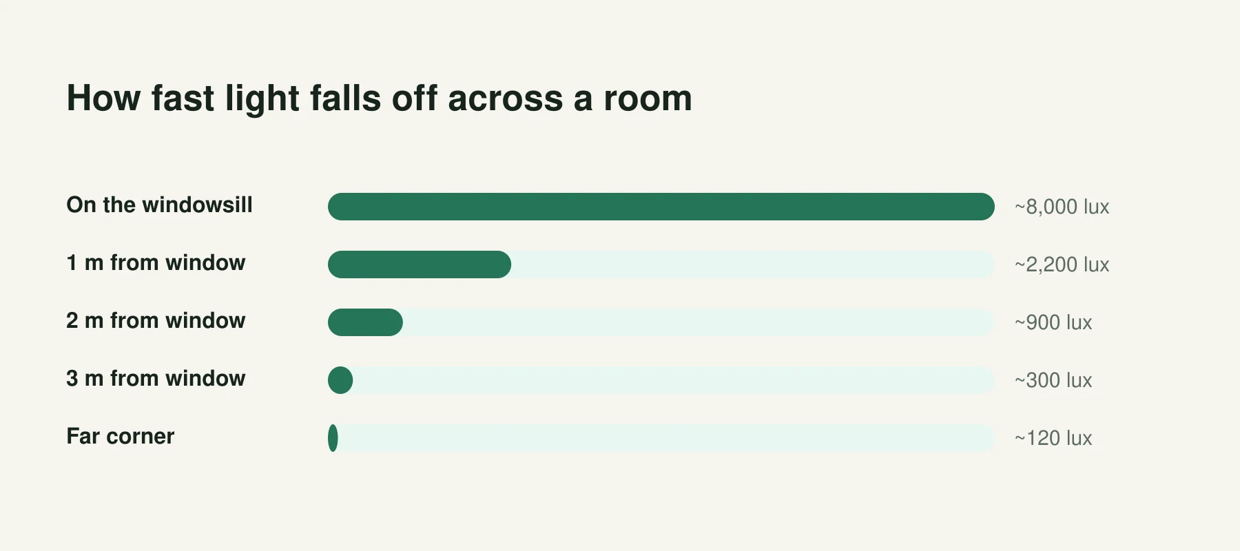 Infographic: How fast light falls off across a room. On the windowsill, ~8,000 lux. 1 m from window, ~2,200 lux. 2 m from window, ~900 lux. 3 m from window, ~300 lux. Far corner, ~120 lux.